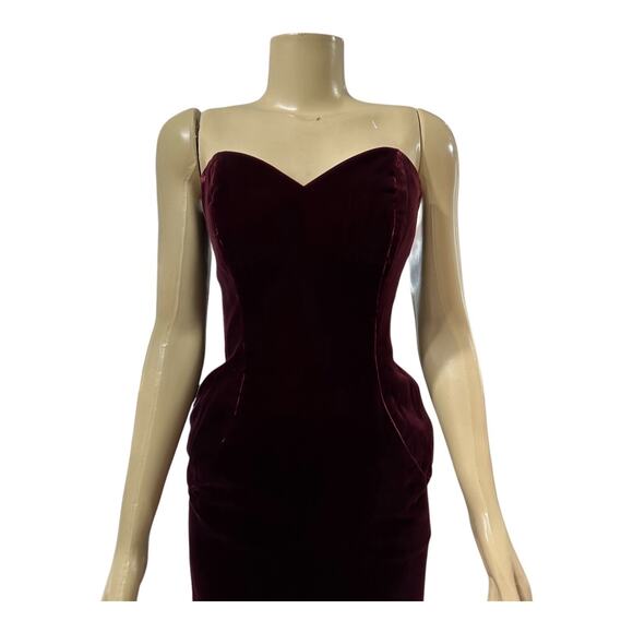 Vintage 80s Victor Costa Burgundy Velvet Strapless Cocktail Dress - Picture 3 of 14